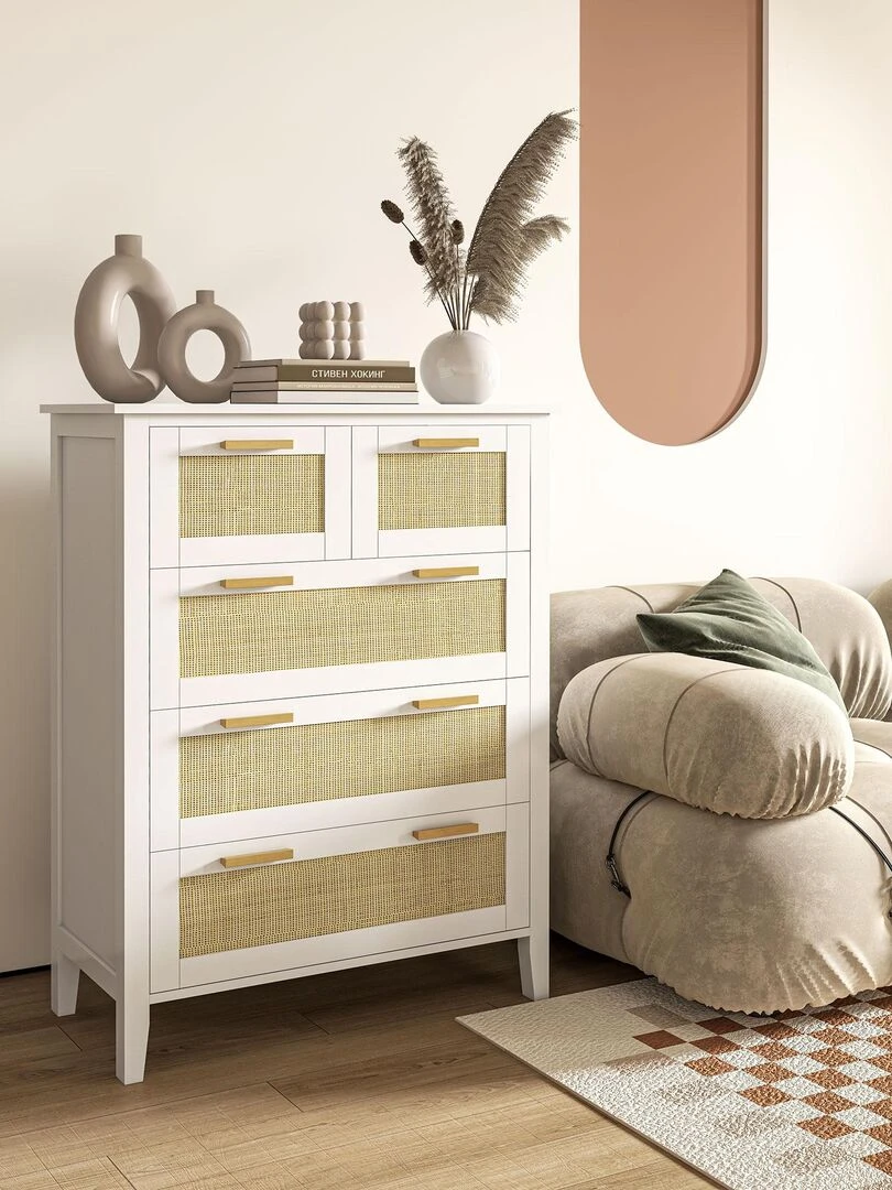Commode 5 tiroirs cannage en rotin MDF blanc bois de pin Blanc