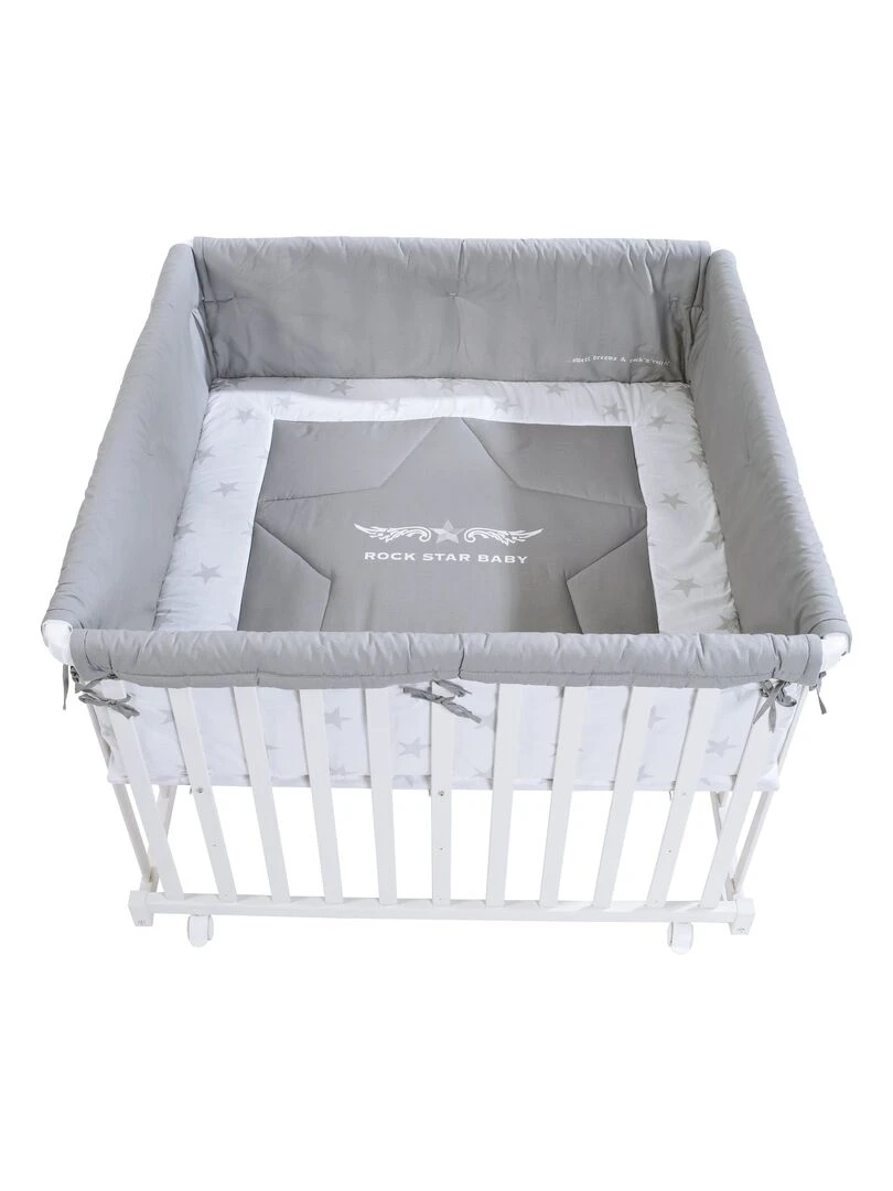 ROBA Parc Bébé Carré en Bois "Adam & Eule" + Tapis de Parc et Roues à Freins Blanc Blanc
