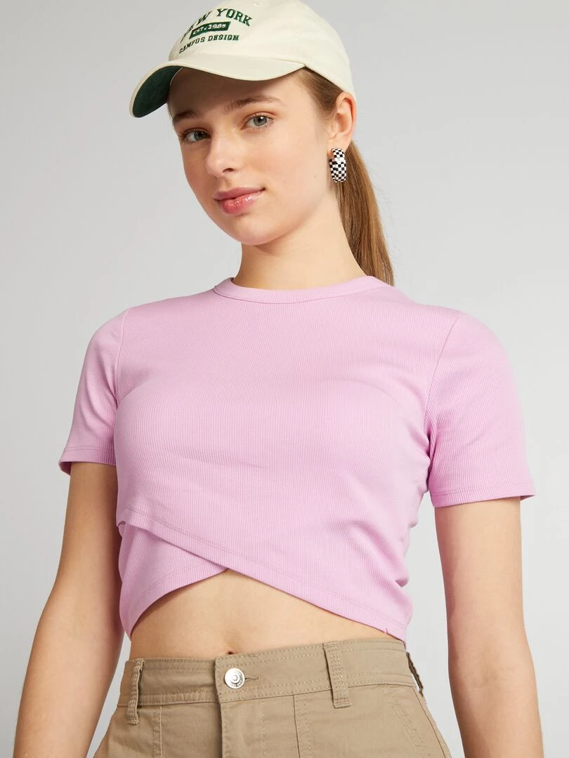 Tee shirt crop top côtelé   Rose