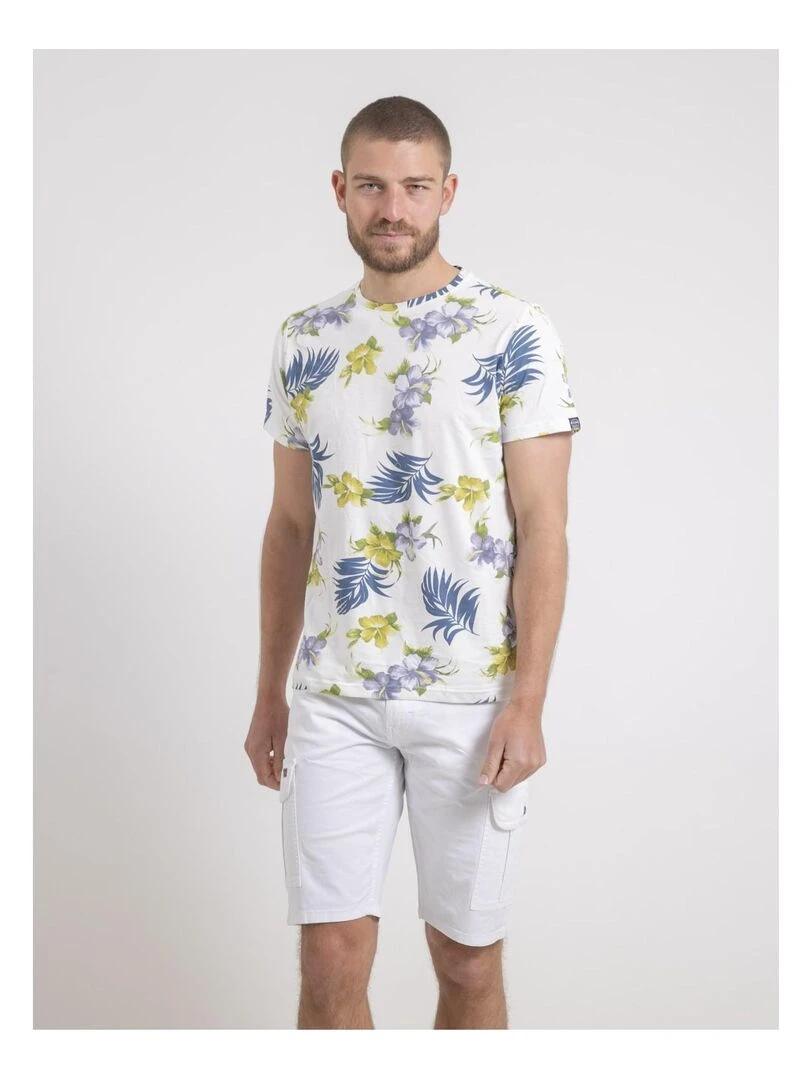 T shirt col rond pur coton motifs NULIBIS Ecru