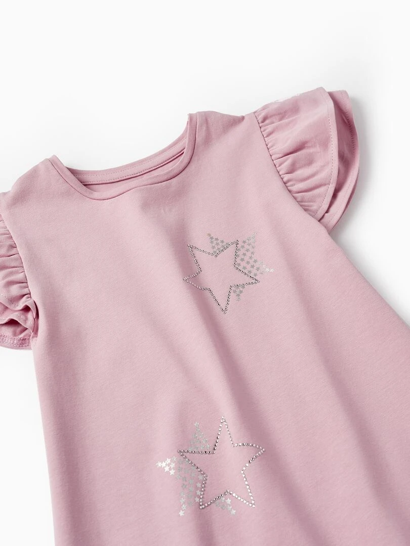 T shirt en jersey de coton avec volants et brillants pour fille manches courtes CÉRÉMONIE   Rose clair