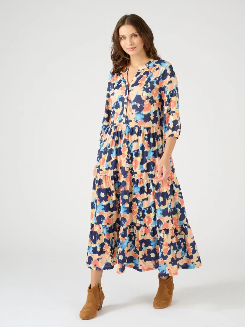 Robe longue maille crêpe à volants   Damart   Bleu marine