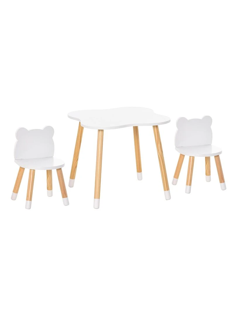 Ensemble table et chaises enfant design scandinave motif ourson blanc bois pin Blanc