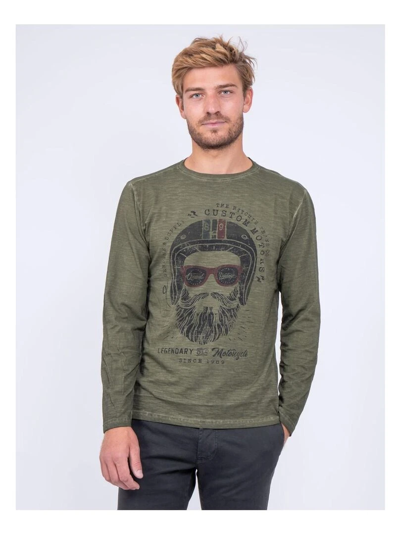 T shirt manches longues col rond pur coton JUMAPAL Kaki