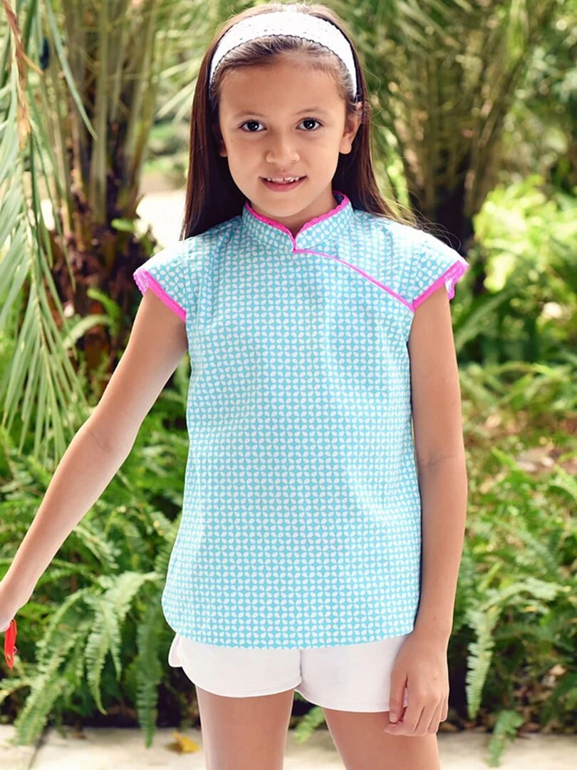 Blouse Chinoise Été Fille Coton Bleu Turquoise Fuchsia ANNAM 'LA FAUTE A VOLTAIRE' Bleu turquoise