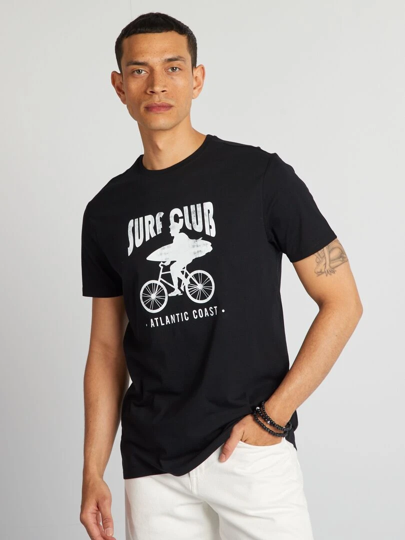 T shirt en coton imprimé à col rond Noir 'surf club'