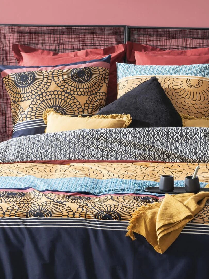 Parure de couette folk en percale de coton   Bleu marine