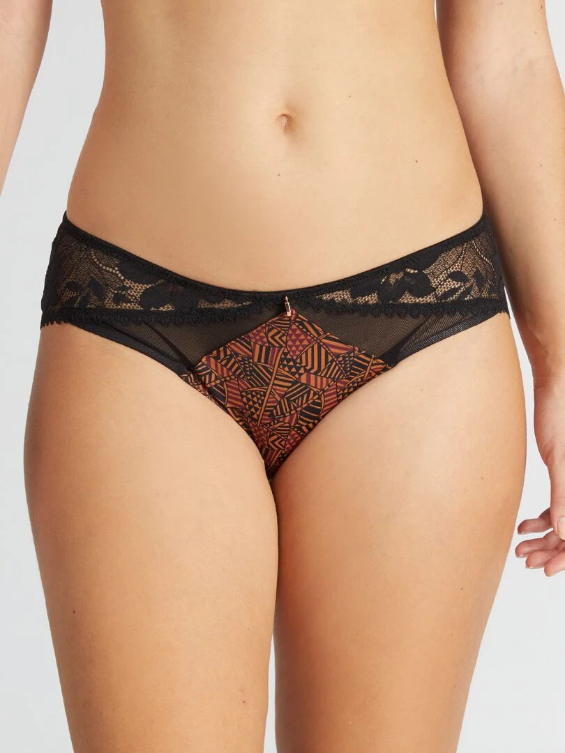 Shorty en microfibre et dentelle 'Envie de lingerie' Camel/noir
