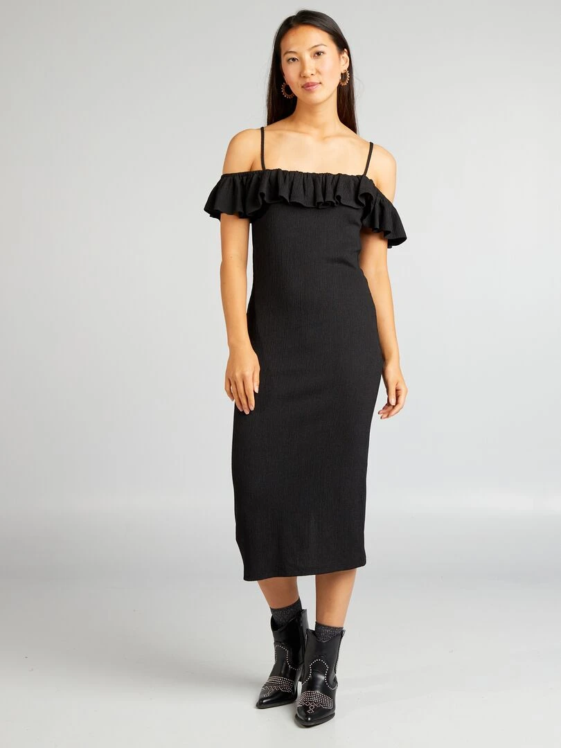 Robe à col bardot volantée   noir
