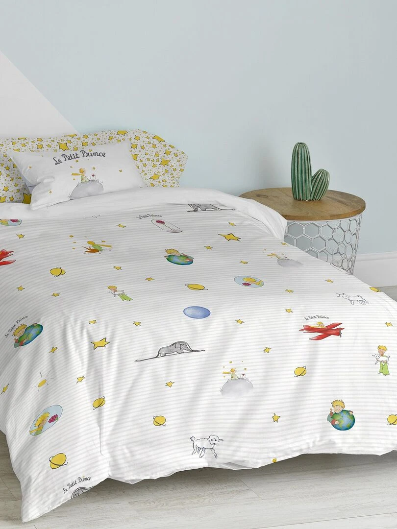 Parure housse de couette 2 pièces Son monde "Happyfriday"   Bleu Jaune Blanc