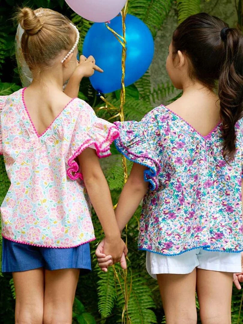 Blouse Fleurie Fille Rose Bleu Pâle Manches Papillons BUTTERFLY 'LA FAUTE A VOLTAIRE' Rose