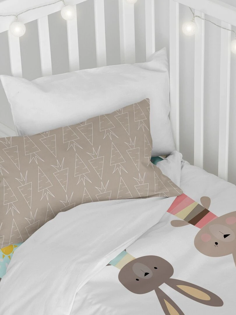 Parure housse de couette 2 pièces Rabbit family Berceau "Happyfriday" Bleu Gris