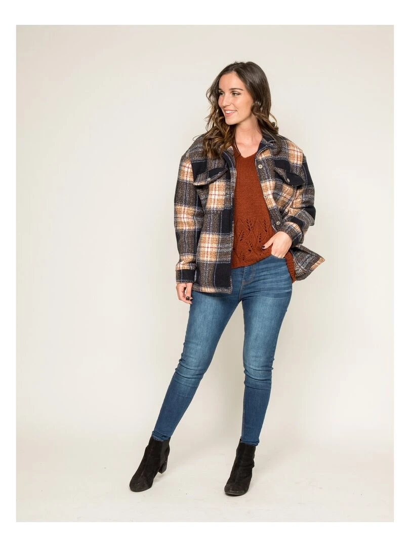 Manteau court carreaux URANI   Bleu marine