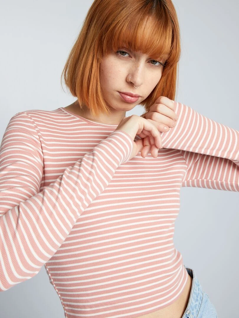 Crop top côtelé à rayures   Rose/blanc