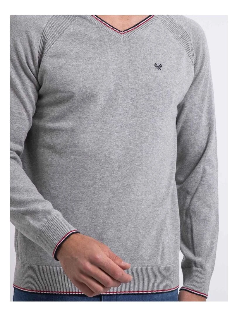 Pull fin col V coton ANTON   Gris clair