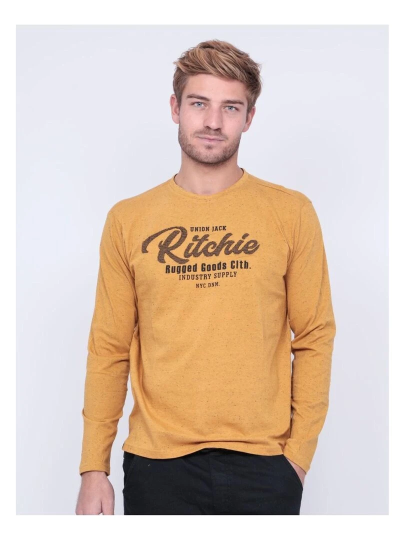 T shirt manches longues col rond pur coton JUPORTAL Moutarde