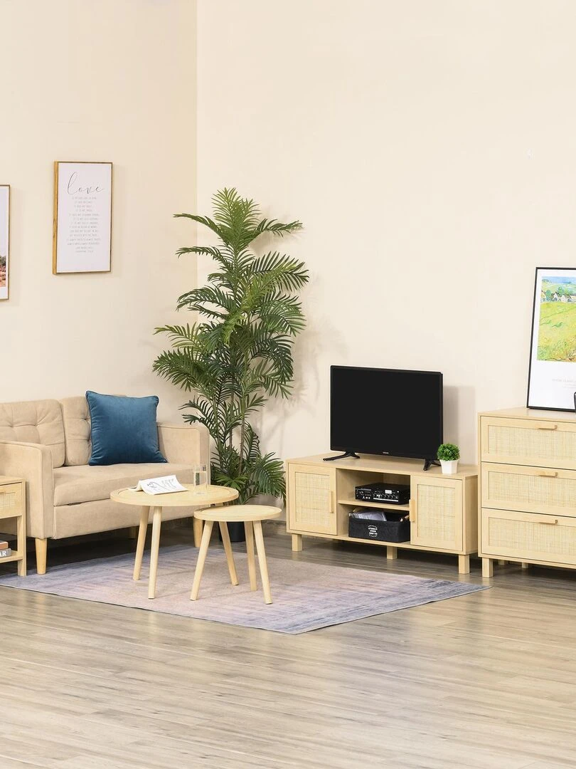 Commode 3 tiroirs cannage en rotin MDF aspect bois clair   Beige