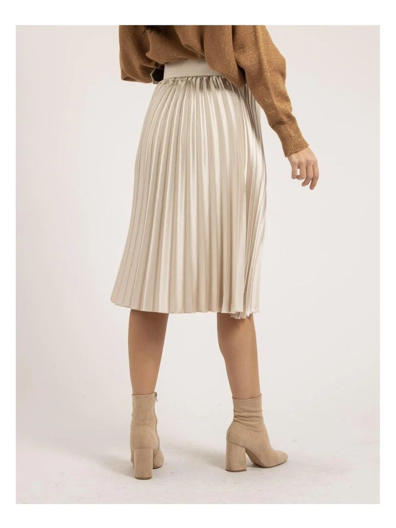 Jupe mi longue plissée satin et ceinture XOLIA Beige