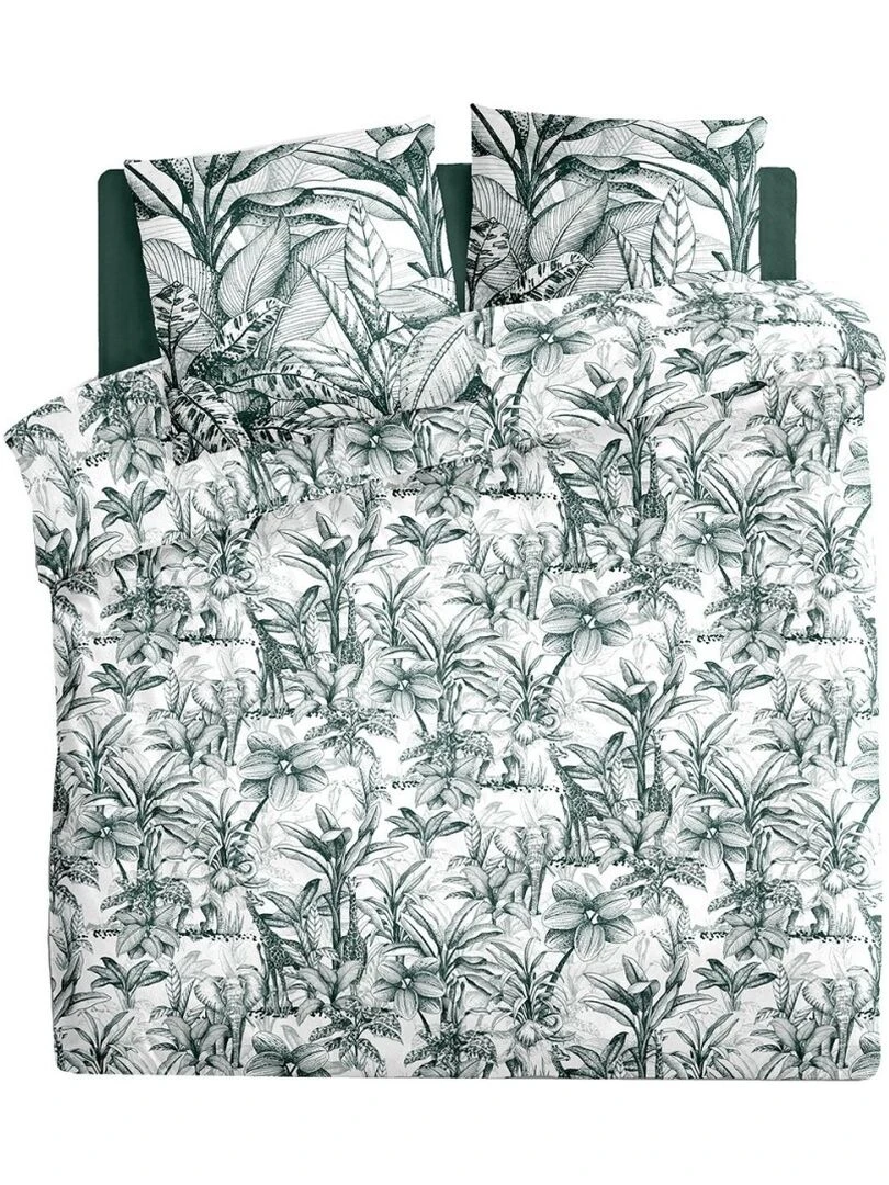 Housse de couette 240x220 Jouy tropik + 2 taies 100% coton 57 fils Vert