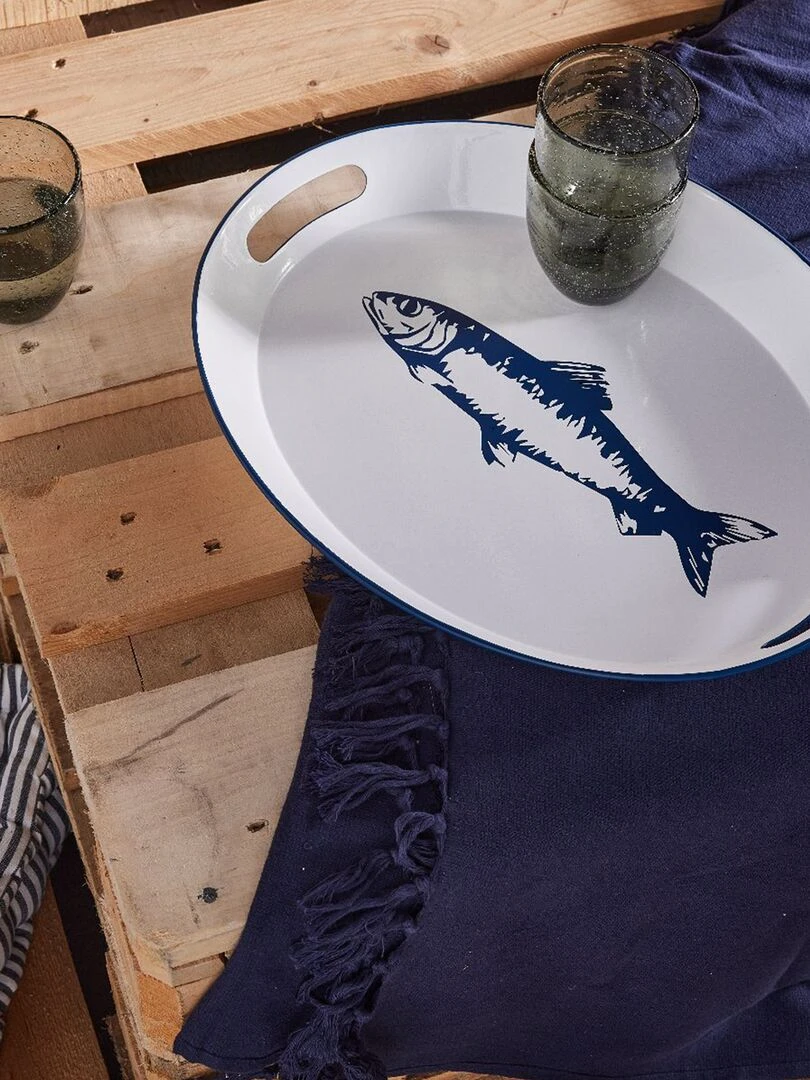 Plateau rond poisson en métal Blanc