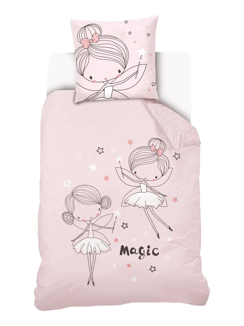 Housse de couette Fée Lou&Loup 140x200 cm et taie d'oreiller 100% Coton Rose