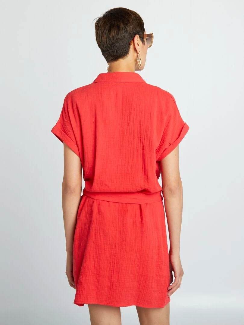 Robe courte forme chemise en double gaze de coton   rouge