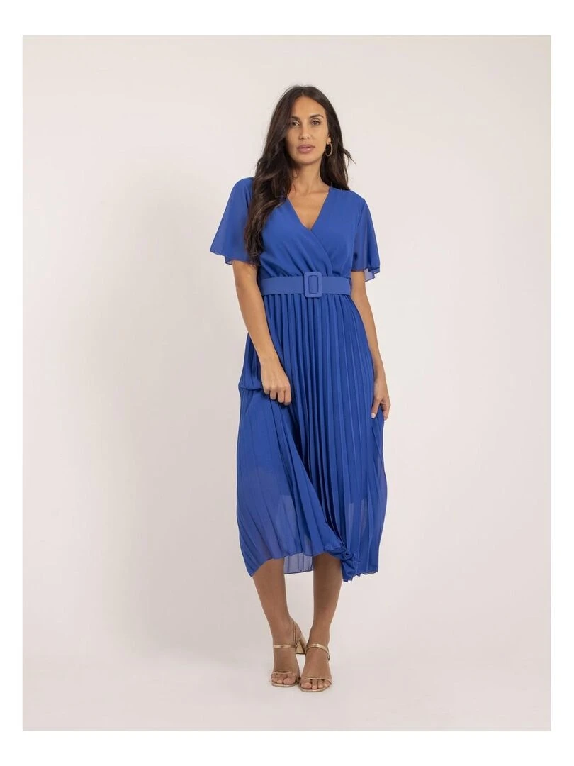Robe midi plissée et ceinture ISALA Bleu roi