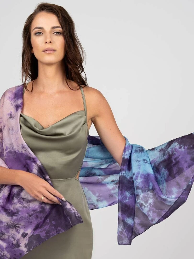 Etole Soie Tie Dye Nubia 100% Soie VietNam Bleu Violet
