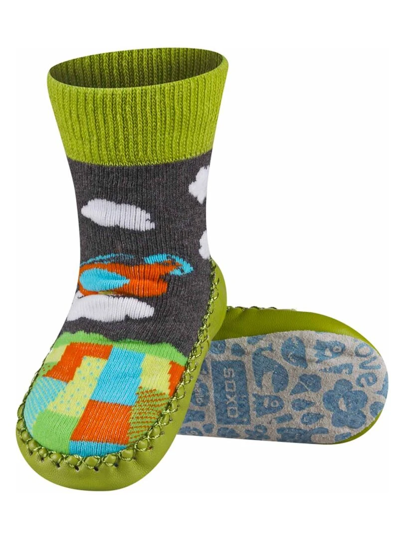 Chaussons chaussettes avec semelle en cuir Gris