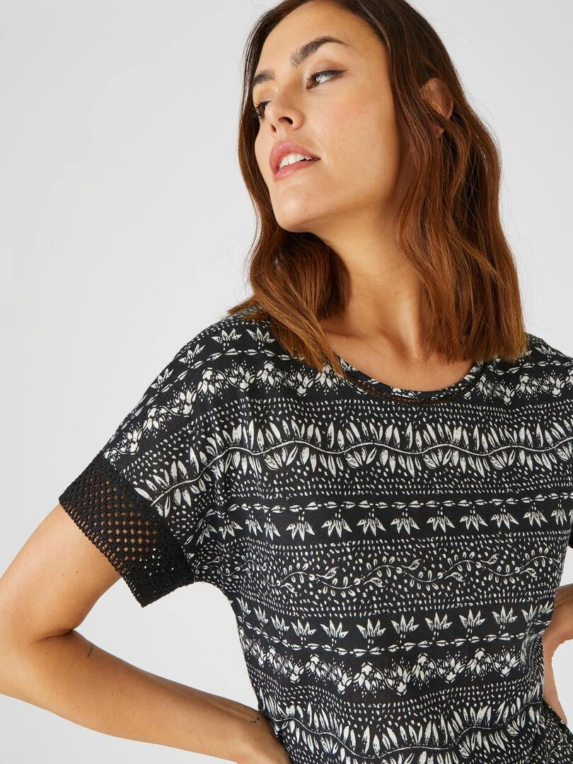 Tee shirt détails fantaisie mélange lin manches courtes Damart Noir Blanc