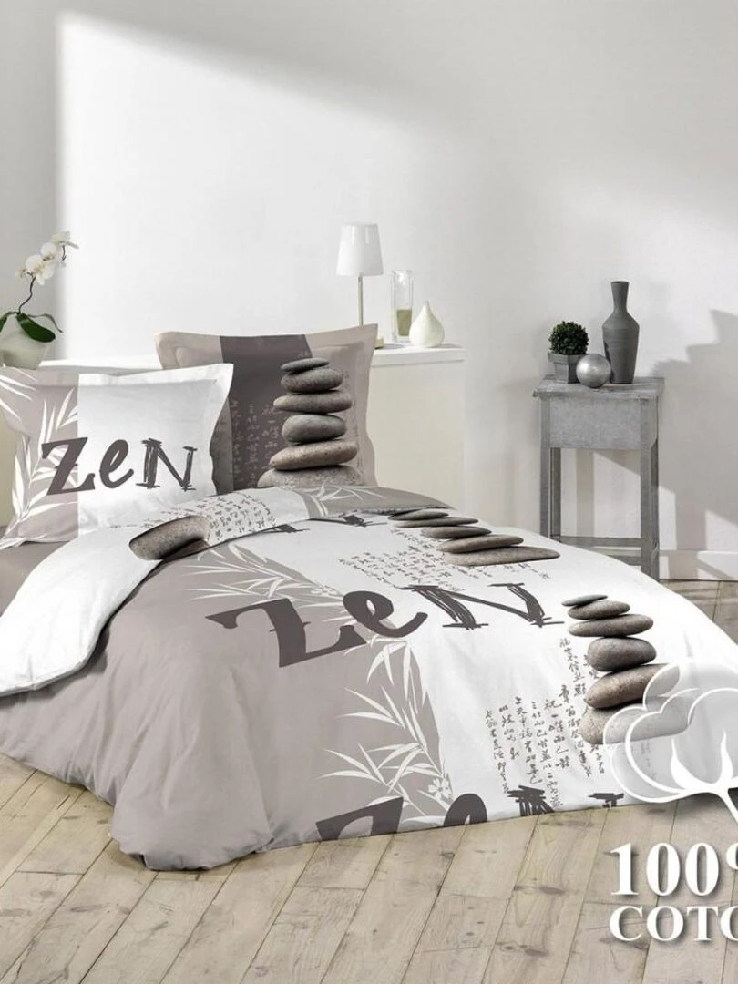 Housse de couette 240x220 + 2 taies Galets Zen coton 42 fils   Gris