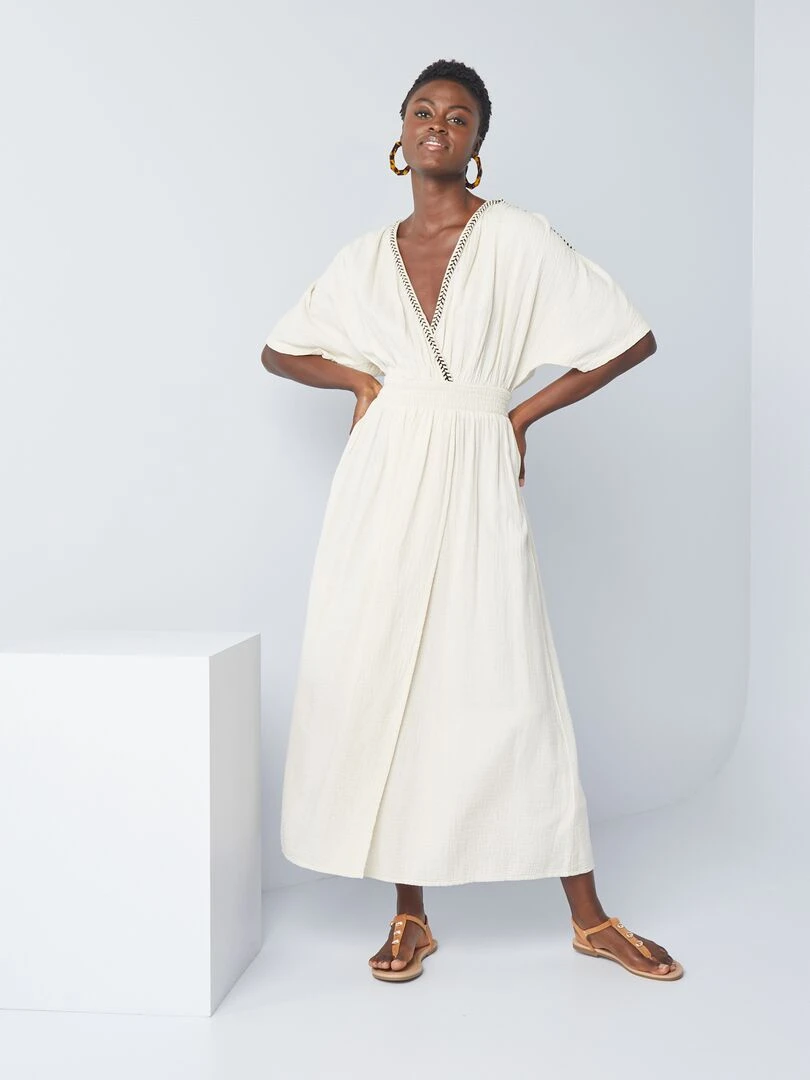Robe longue en gaze de coton tressée Beige
