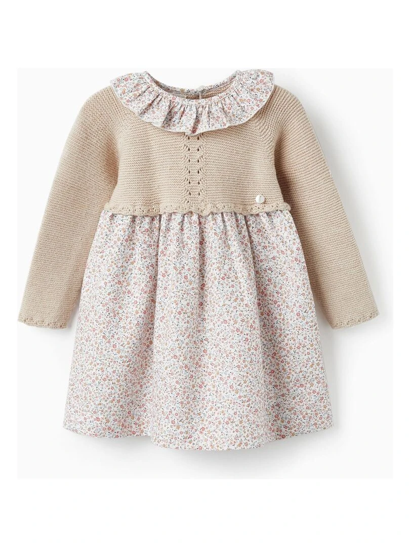 Robe Combinée en Maille et Coton pour Bébé Fille 'Floral' manches longues SPRING BEGINS Beige clair