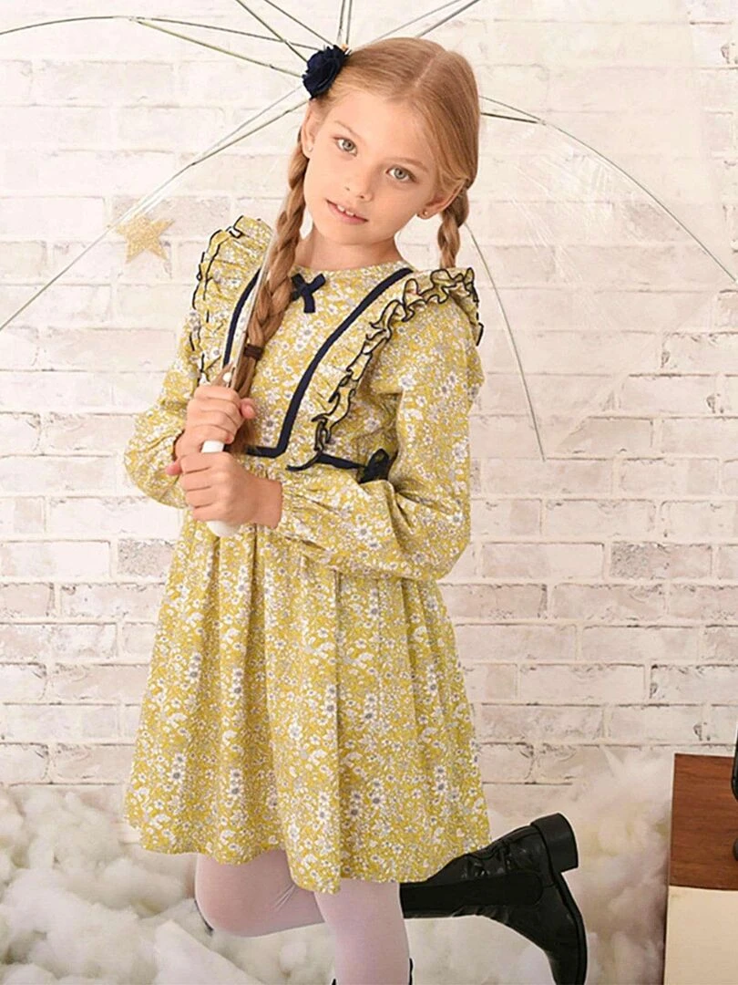 Robe Fleurie Hiver Fille Coton Jaune Bleu APPOLINE 'LA FAUTE A VOLTAIRE' Jaune