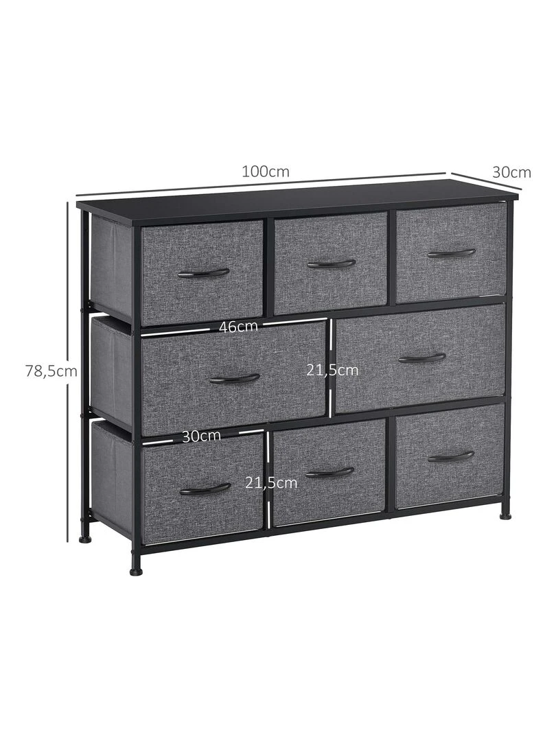 Rangement commode 8 tiroirs acier MDF noir tissu gris   Gris