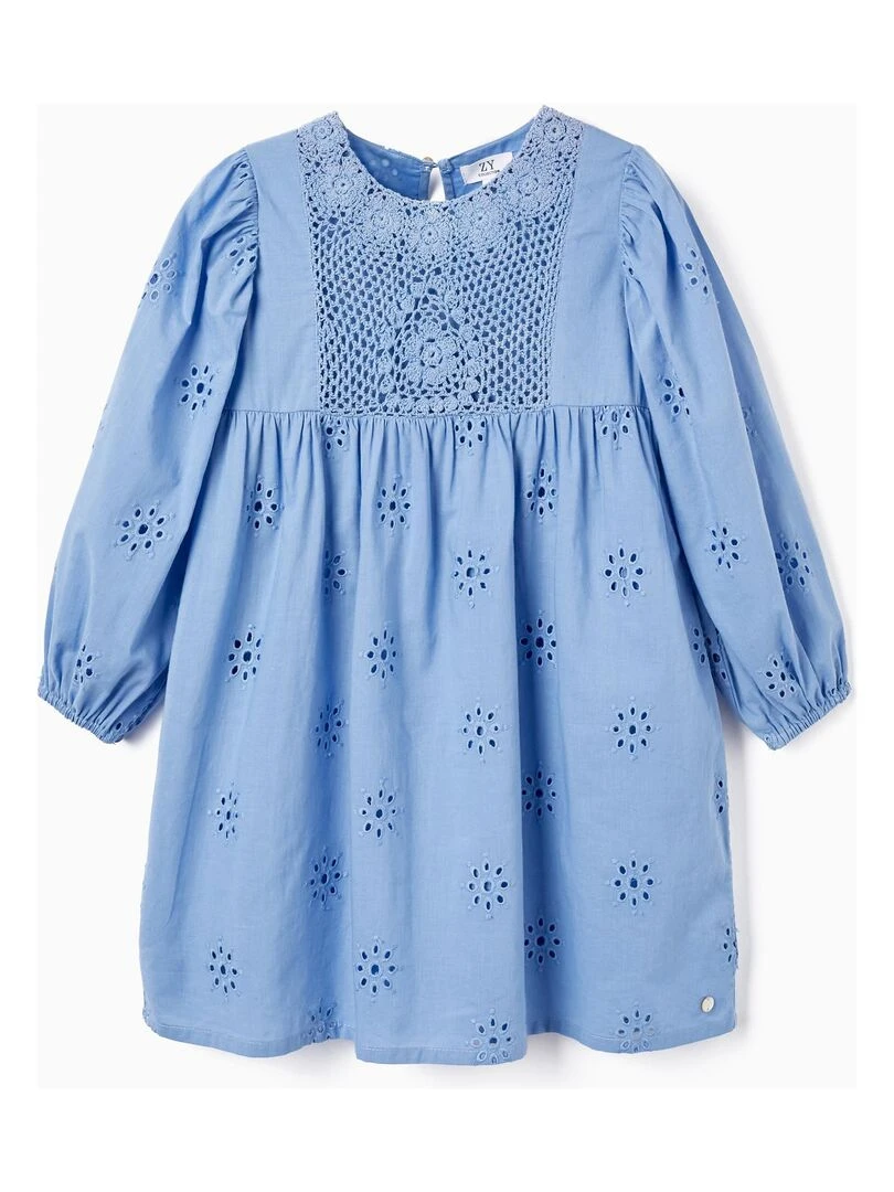 Robe en Coton avec Crochet et Broderie Anglaise pour Fille manches longues SPRING BEGINS Bleu clair