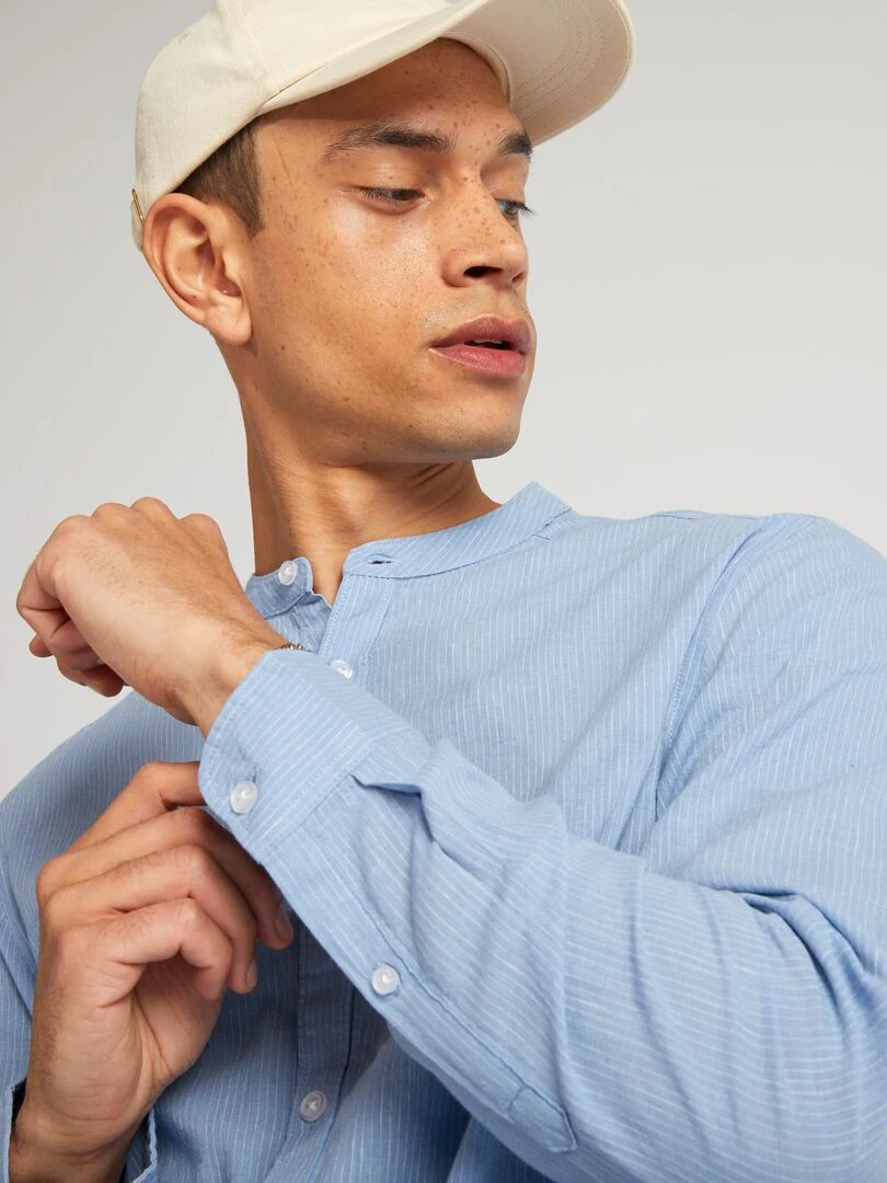 Chemise à col mao en lin mélangé   Bleu