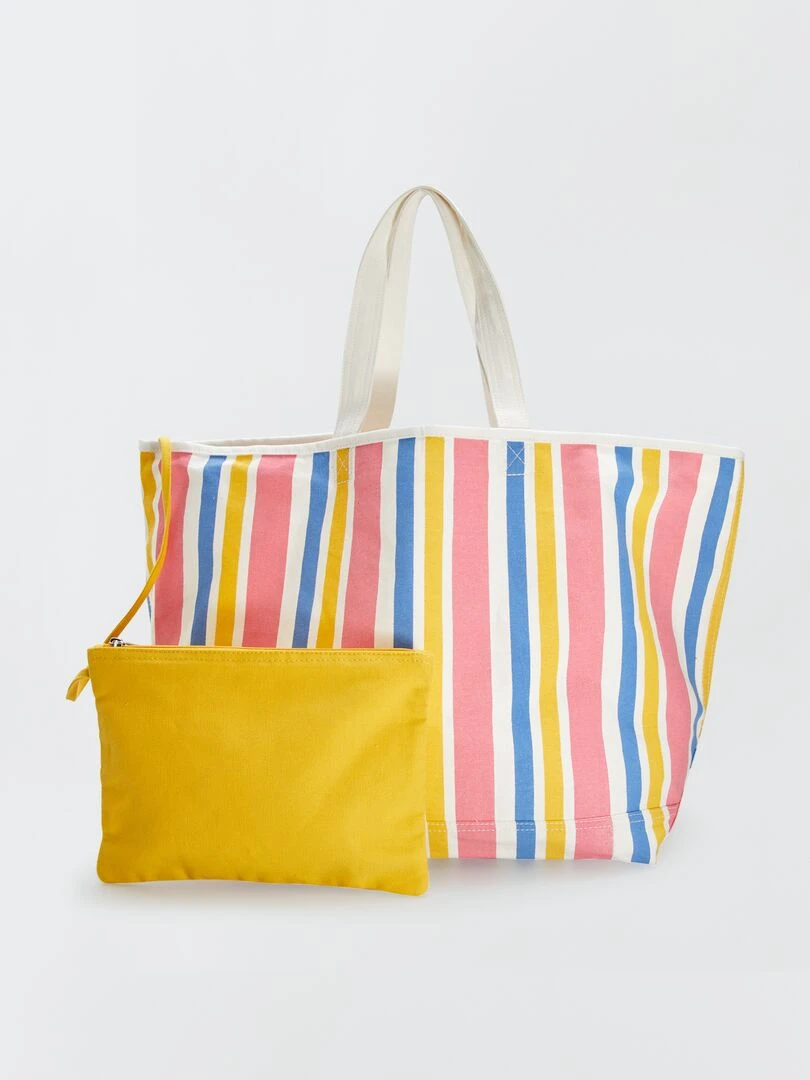 Sac cabas de plage + pochette Rose/jaune/bleu