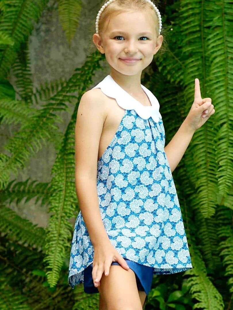 Blouse fleurie col fme pétales Tulipe 'LA FAUTE A VOLTAIRE' Bleu