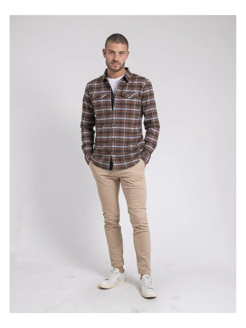 Chemise manches longues carreaux pur coton flanelle TOLTIVIO   Marron caramel