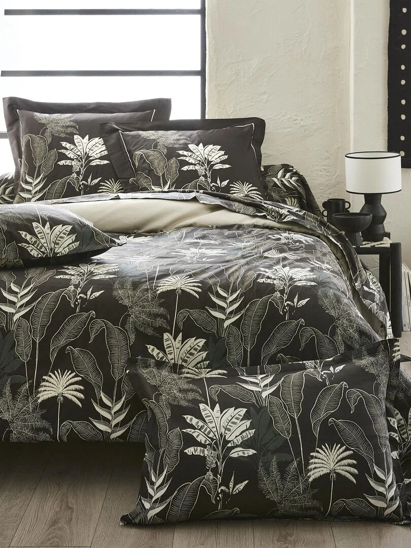 Drap plat en satin aux feuilles tropicales gris anthracite