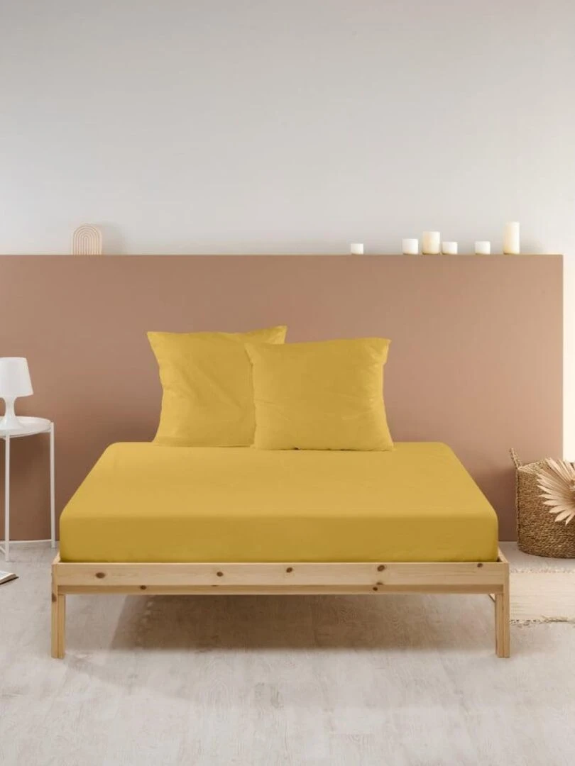Bleu Câlin Drap housse uni Percale de coton 80 fils/cm² Moutarde
