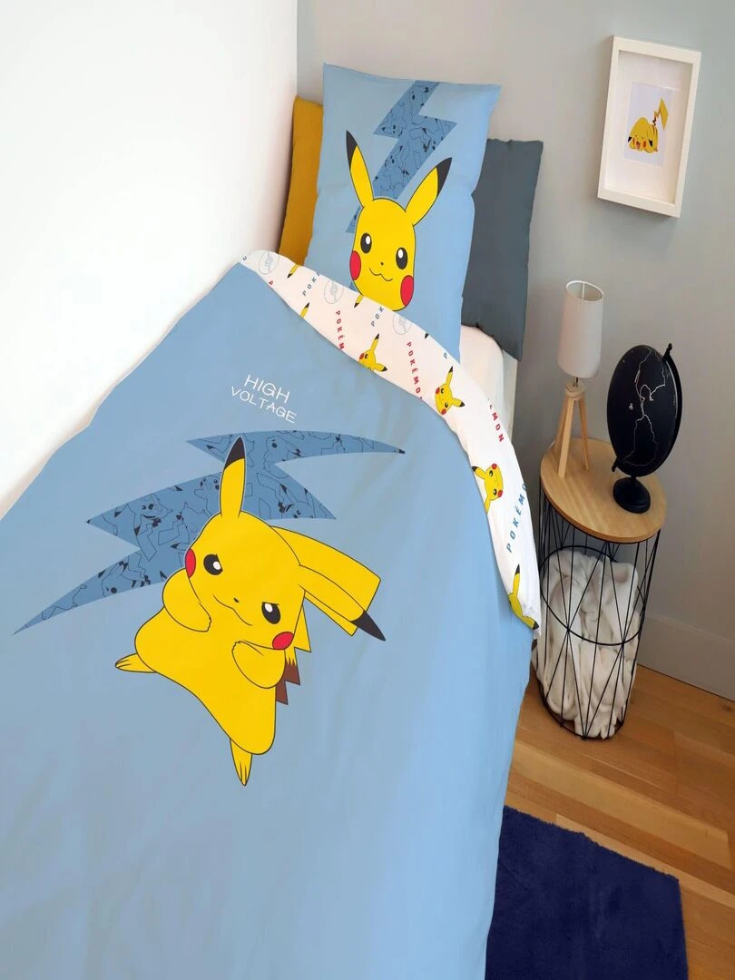 Housse de couette Pikachu Pokémon éclair 140x200 cm 100% Coton Bleu