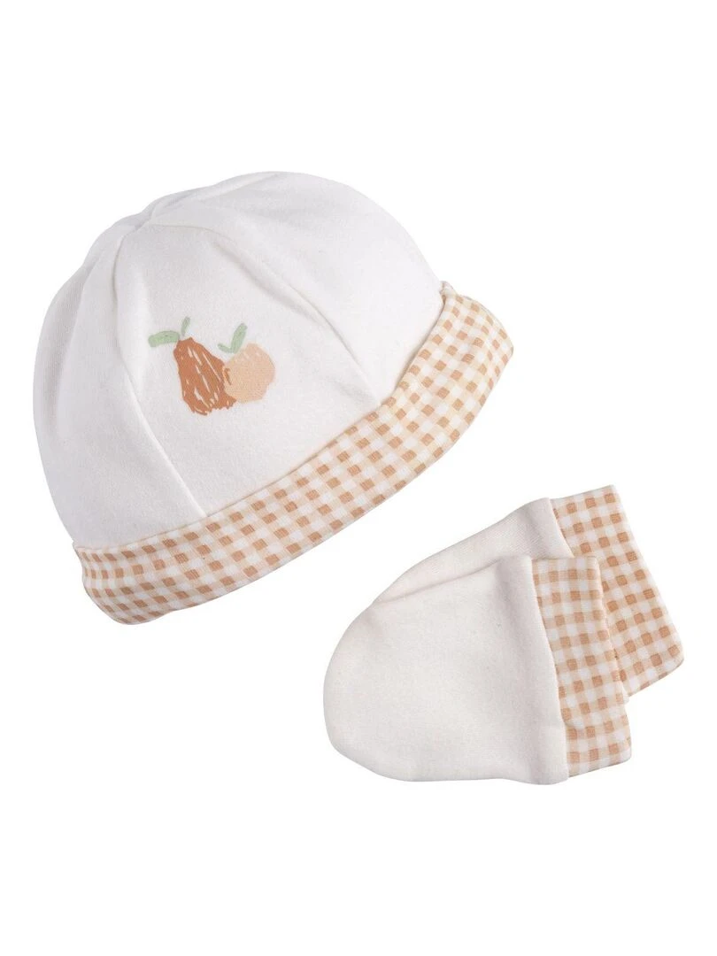 Lot bonnet et moufles bébé en coton SAUTHON Blanc Rose