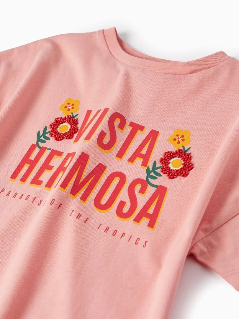 T Shirt en Coton avec Perles Fille 'Vista Hermosa' manches courtes CUBA   Rose