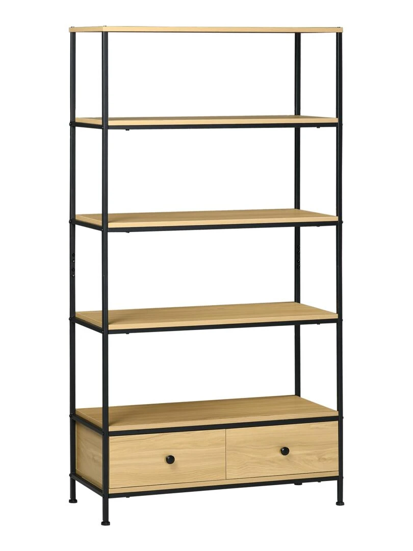 Bibliothèque étagère 5 niveaux 2 tiroirs design industriel H. 1 61 m acier noir aspect bois clair Beige