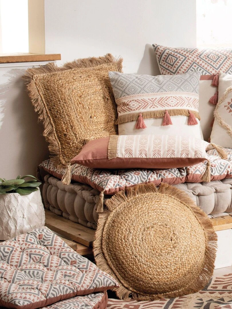 Coussin en jute à franges 'Deko&co'   Beige foncé