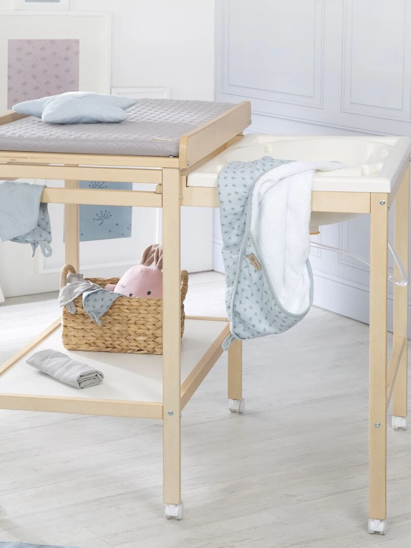 ROBA Table à Langer + Baignoire Extensible + Matelas 1 Compartiment Bois Naturel Beige