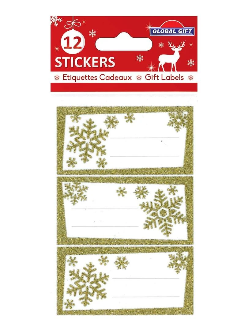12 étiquettes adhésives de Noël Flocons dorés à paillettes N/A