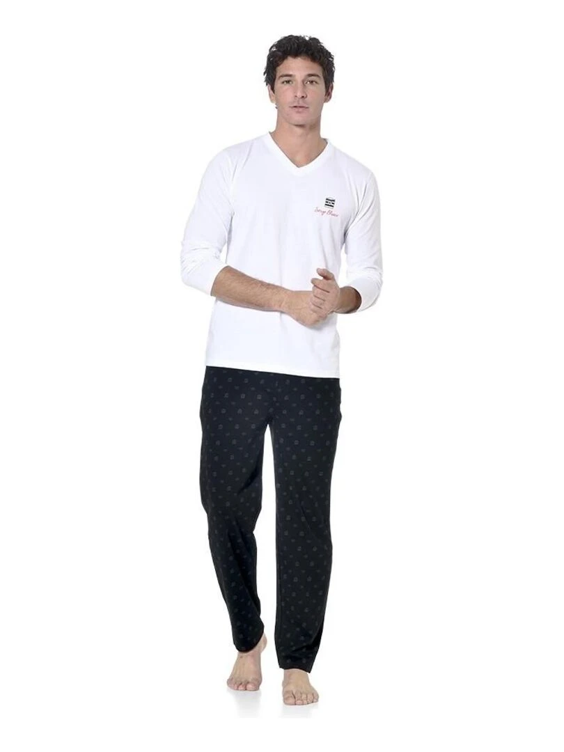 Ensemble pyjama long homme t shirt col V bicolore Gan Serge Blanco Gris